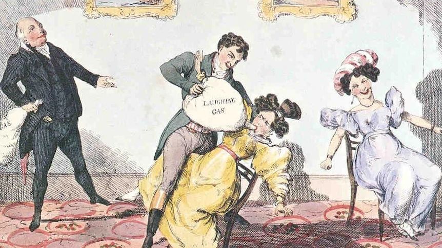Laughing Gas Party z czasu Anglii wiktoriańskiej - ilustracja z epoki