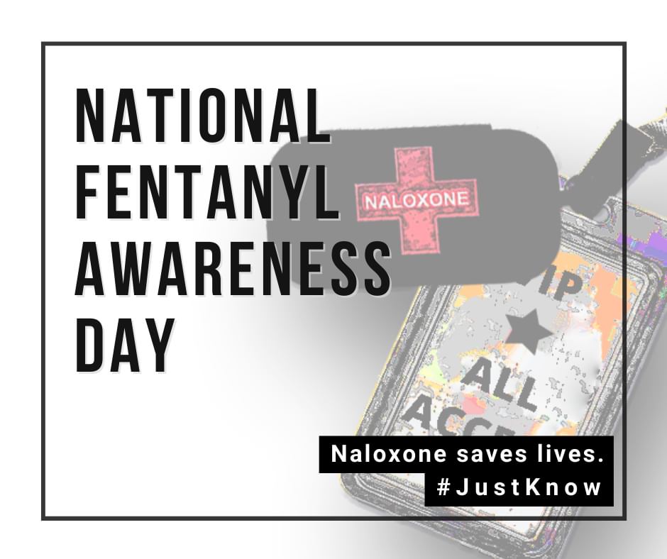 Plakat kampanii upowszechniającej wiedzę nt. fentanylu i naloxonu; duży napis Fentanyl awareness day i Naloxone saves lives.